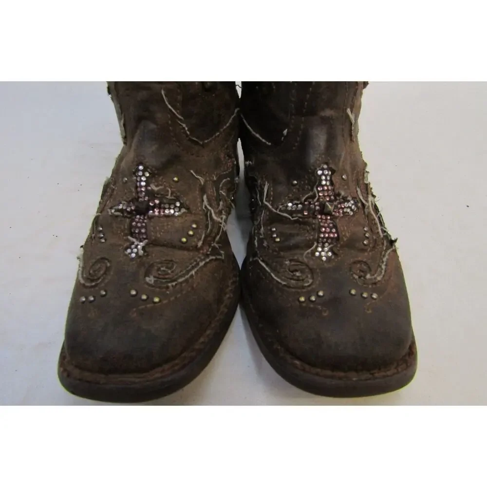 Roper Brand Youth Size 11 M Brown Inlay Cross Studded Cowboy Boots